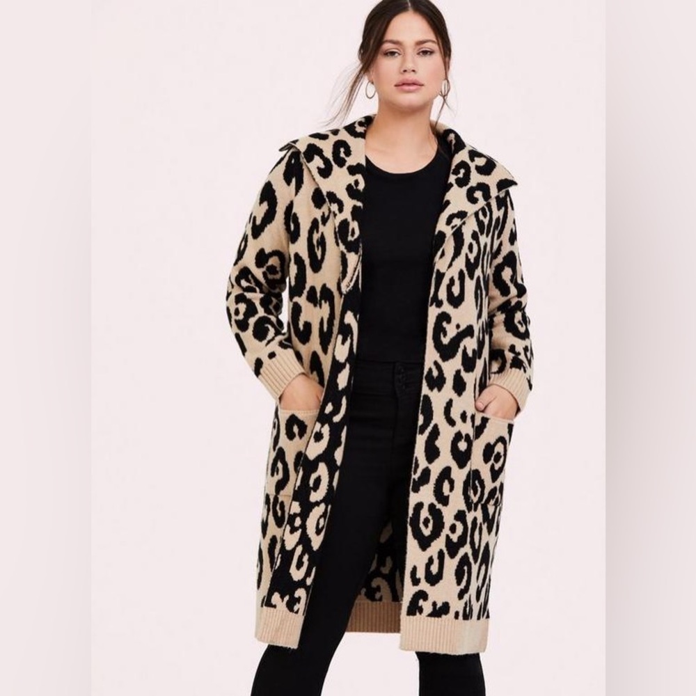 torrid Beige and Black Leopard Print Hooded Long Cardigan